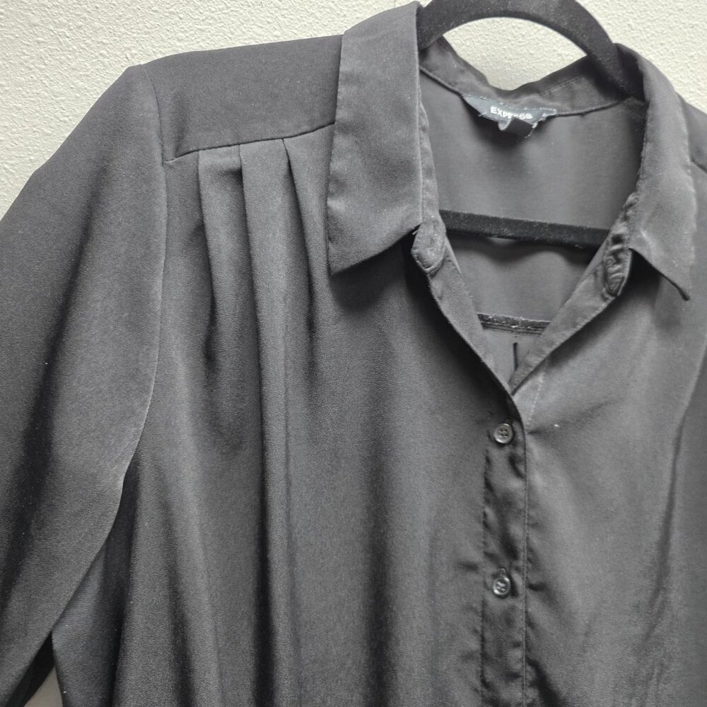 Express Shirt Womens XL Black Button Front Long Sleeve Tunic Pleated Shoulder - Picture 2 of 11